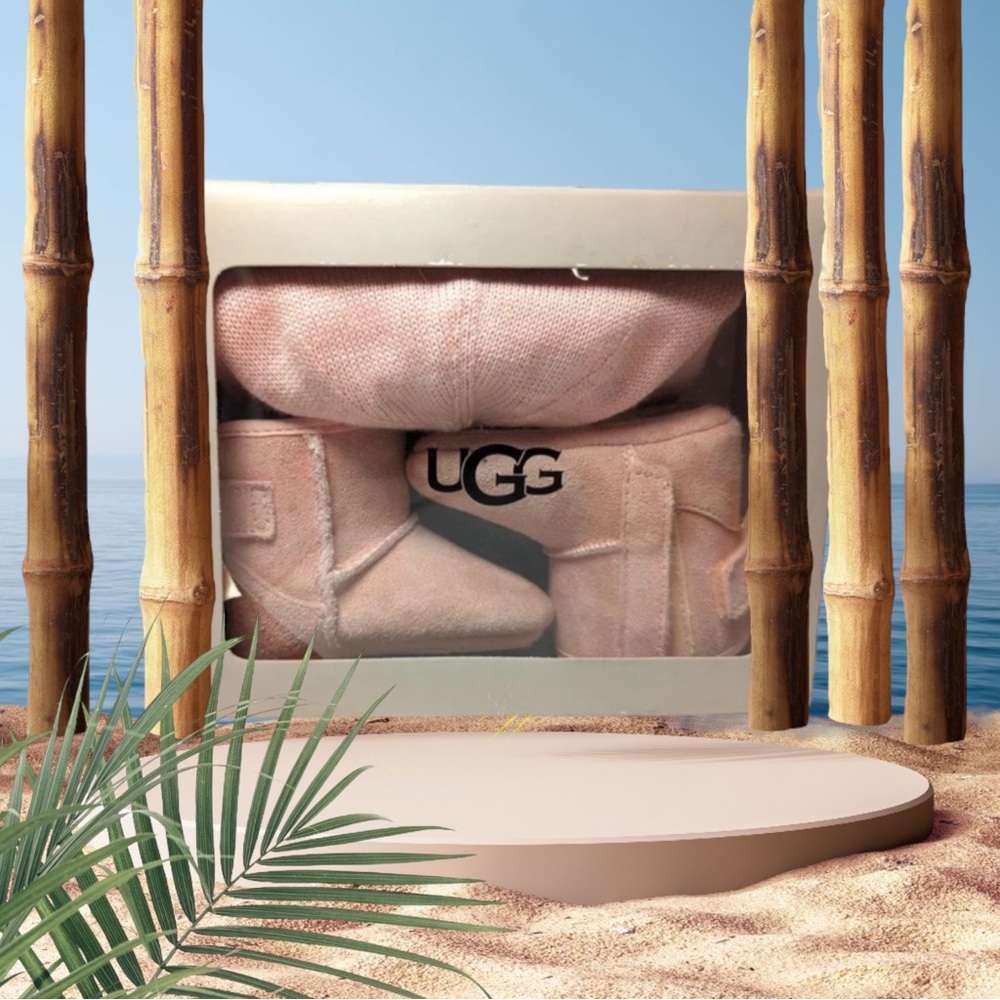 UGG Jesse II Bow Boots + Beanie Sz 0/1 Baby Girl Pink Leather Off/Wht Bow in Box - Picture 1 of 4